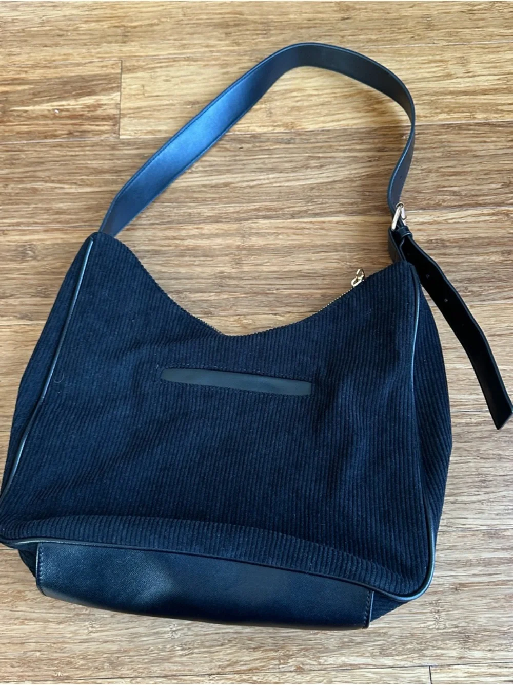 LONDON FOG Black Corduroy Leather Trim Gold Hardware‎ Hobo Shoulder Bag